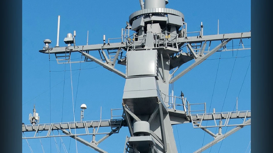 AN/SPQ-9B radar mounted on U.S. Navy ship.