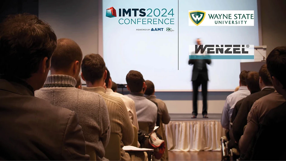 Screen displaying logos for IMTS 2024, Wenzel, and Wayne State University